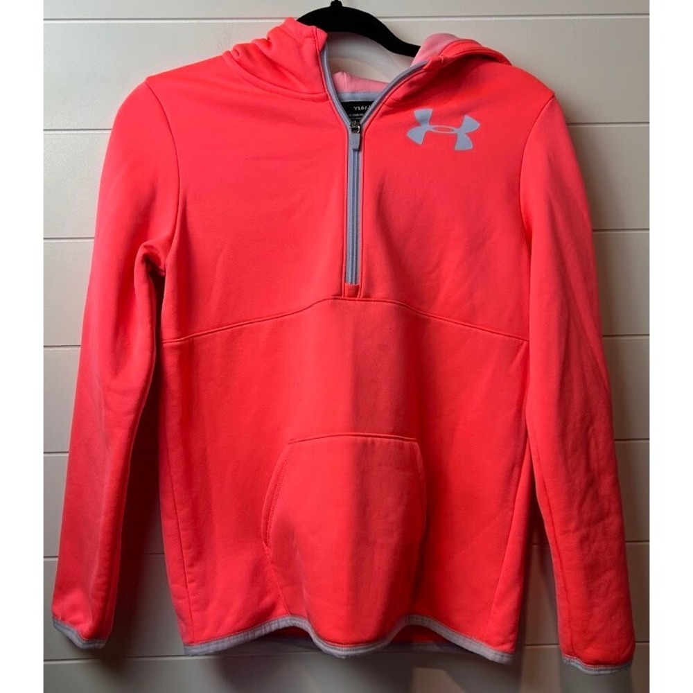 Under Armour YLG Loose Orange Hooded Jacket Pullover 1/4 Zip Cold Gear
